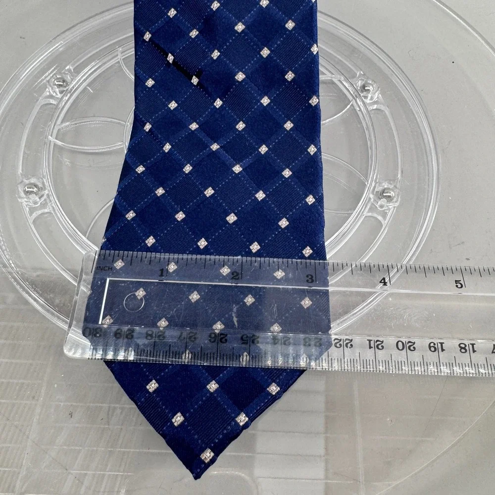 Michael Kors Mens Silk Tie Navy Blue Checkered Geometric Pattern Necktie